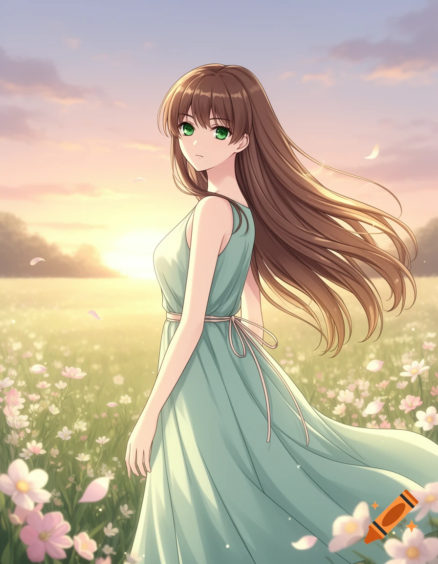 Anime girl with long brown hair and green eyes in a light green dress, standing in a flower field at sunset, looking over her shoulder.