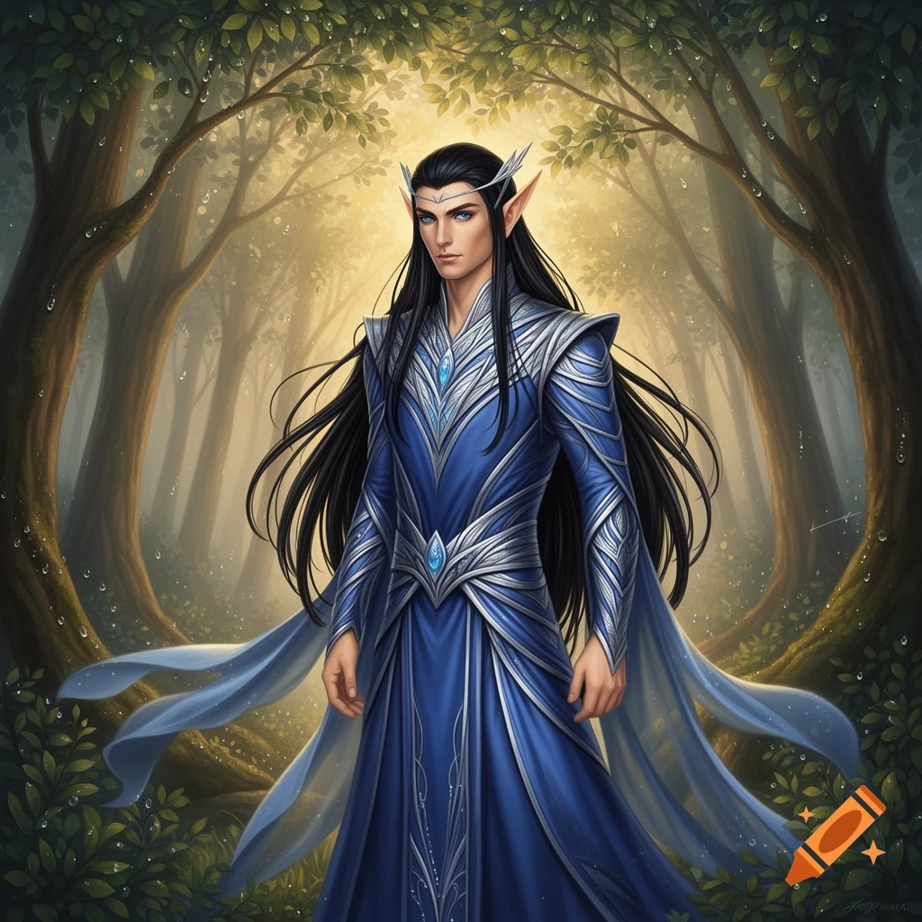 An elven prince with long black hair, blue eyes, and pointy ears, wearing an elaborate blue and silver outfit, stands in a magical, misty forest.