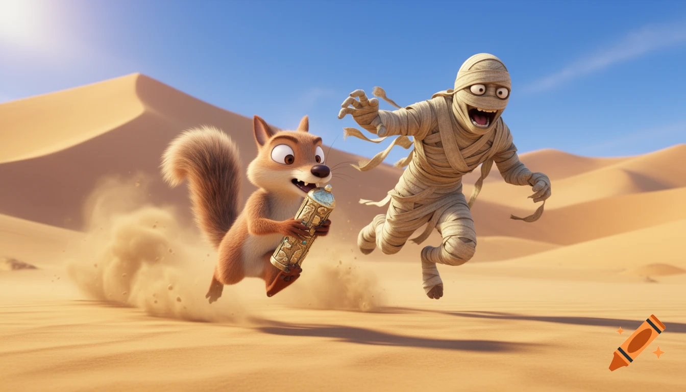 An animated squirrel, resembling Scrat, flees through a sandy desert with dunes, clutching a golden artifact as a mummy chases closely behind.