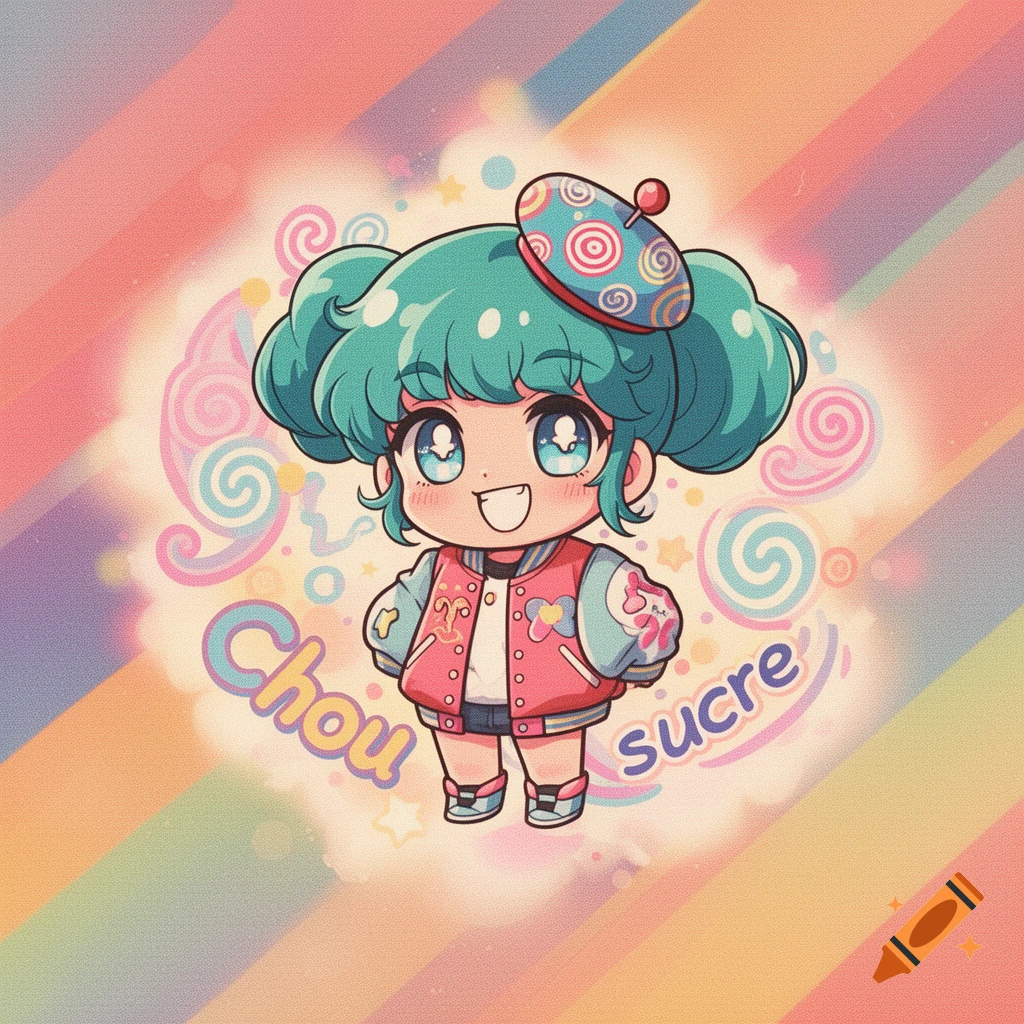 A smiling chibi anime girl with blue-green hair, pink jacket, and beret on a pastel rainbow background, 'Chou sucre' is present.