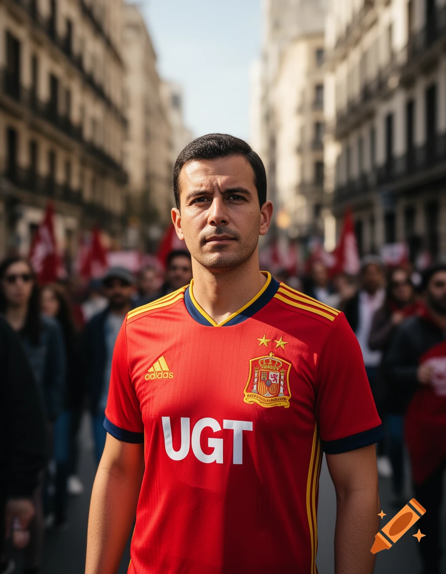 Man in a red Spanish national team soccer jersey with "UGT" printed on it, standing in a city street amidst a blurred crowd.