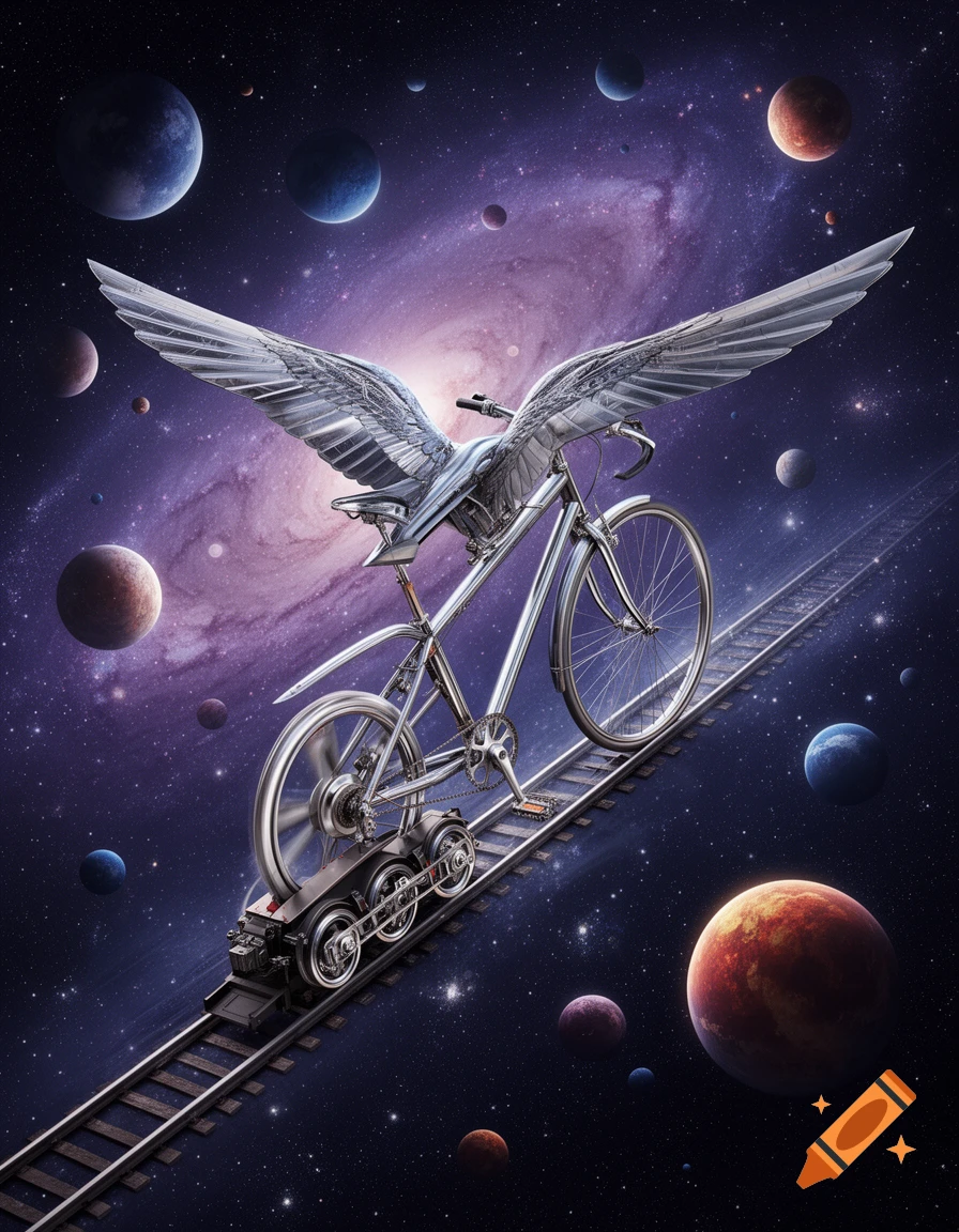 A silver bicycle with large metal wings and train wheels travels on railroad tracks through a galaxy with many planets and stars.