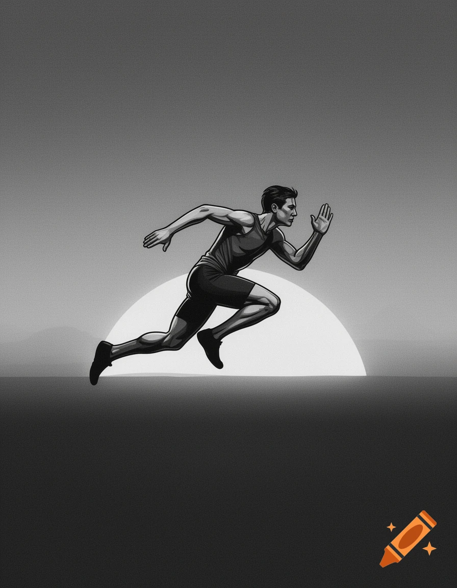 A stylized black and white illustration of a runner in stride, silhouetted against a large sun near the horizon.