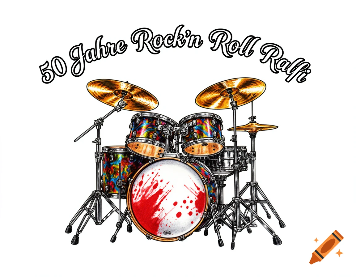A tattoo-style illustration of a vibrant drum set with colorful drums, golden cymbals, and red splatters on the bass drum. The text "50 Jahre Rock'n Roll Ralfi" is above it on a white background.