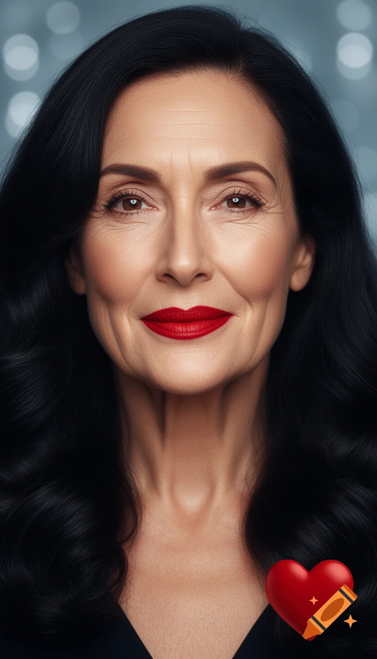 Photorealistic portrait of a mature woman with dark wavy hair and red lipstick, smiling slightly, with a red heart in the corner.