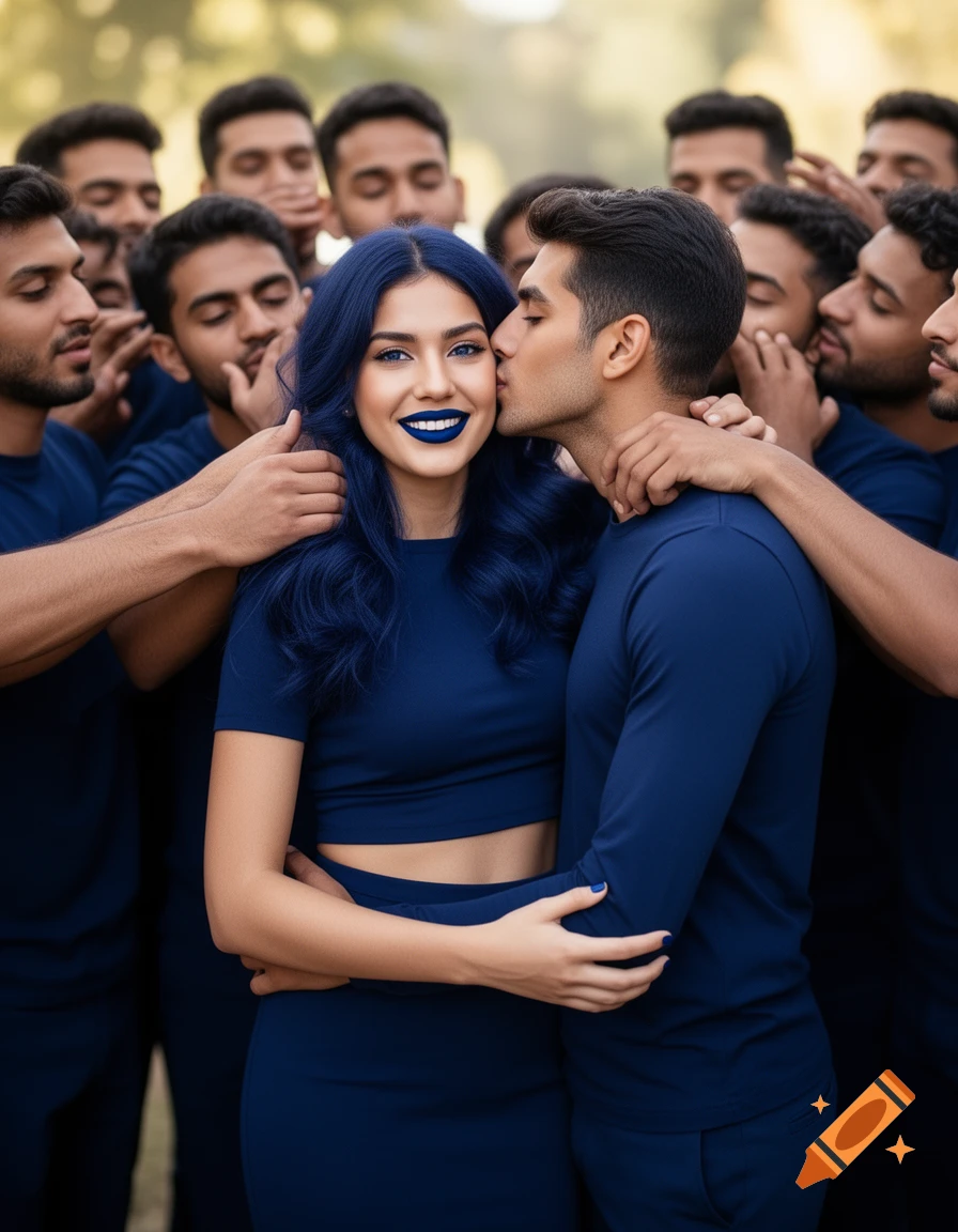 A woman with vibrant blue hair, eyes, and lips, in a blue crop top and skirt, smiles as a man kisses her cheek, surrounded by other men.