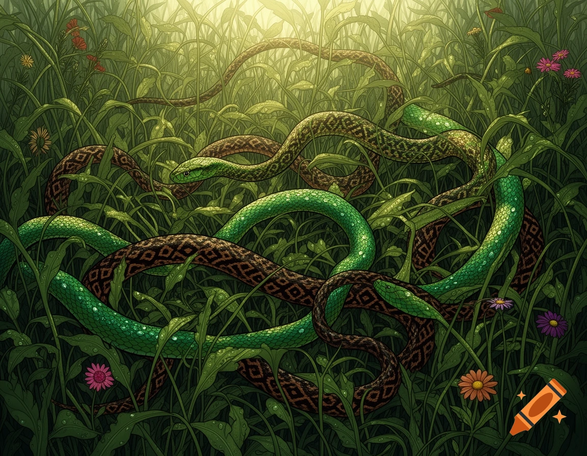 Two stylized snakes, one green and one brown with diamond patterns, intertwine amidst tall green grass and scattered wildflowers, in an illustrative style.