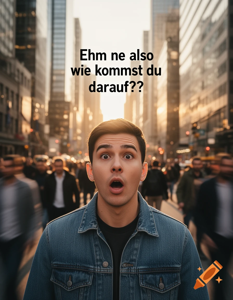 A young man with a surprised expression and open mouth stands in a bustling city street with tall buildings. Overlay text reads "Ehm ne also wie kommst du darauf??"