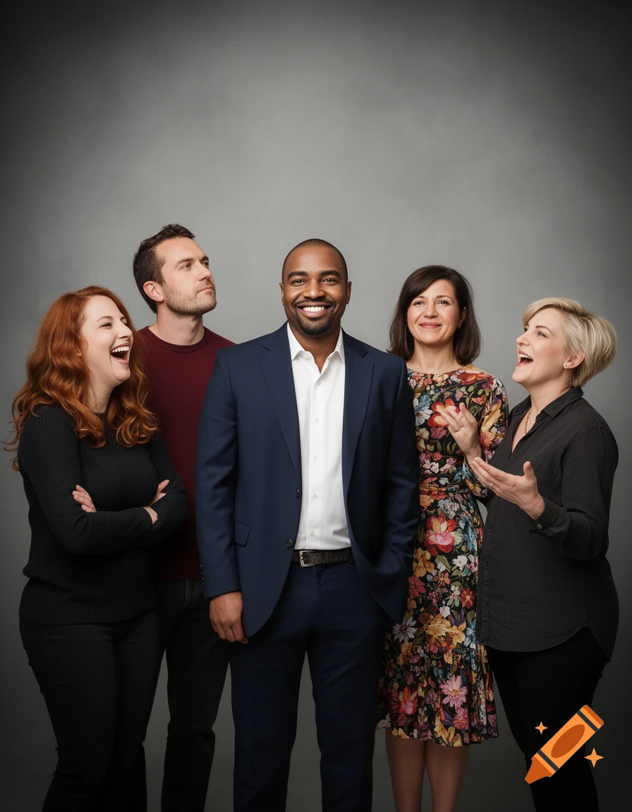 Five diverse adults, three women and two men, posing together in a group portrait against a grey background. All are smiling or laughing.