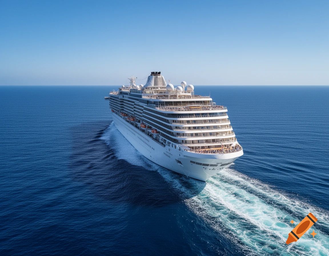A large white cruise ship sails across a deep blue ocean, leaving a white wake behind it under a clear sky.
