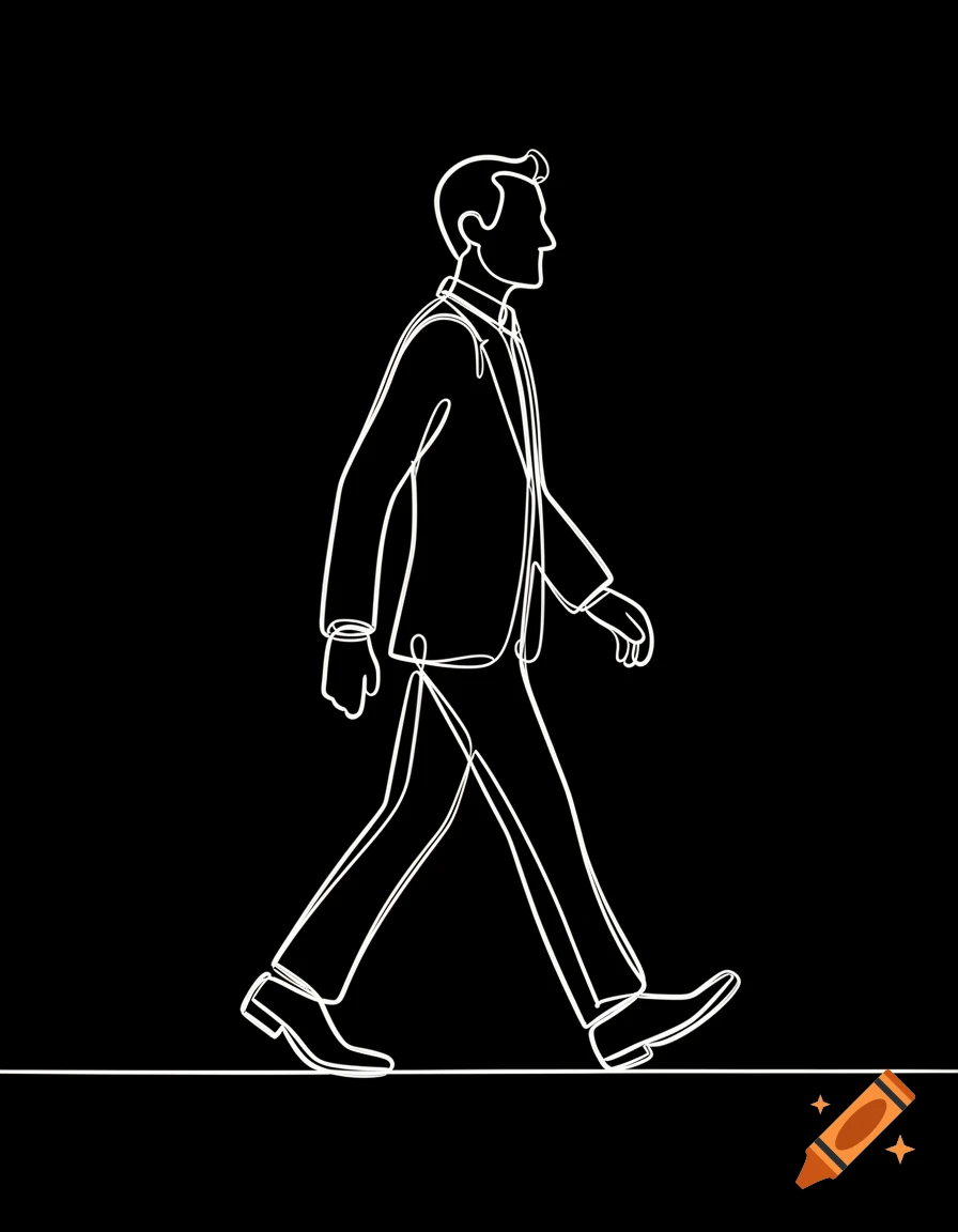 A simple white continuous line drawing of a man walking in profile against a black background.
