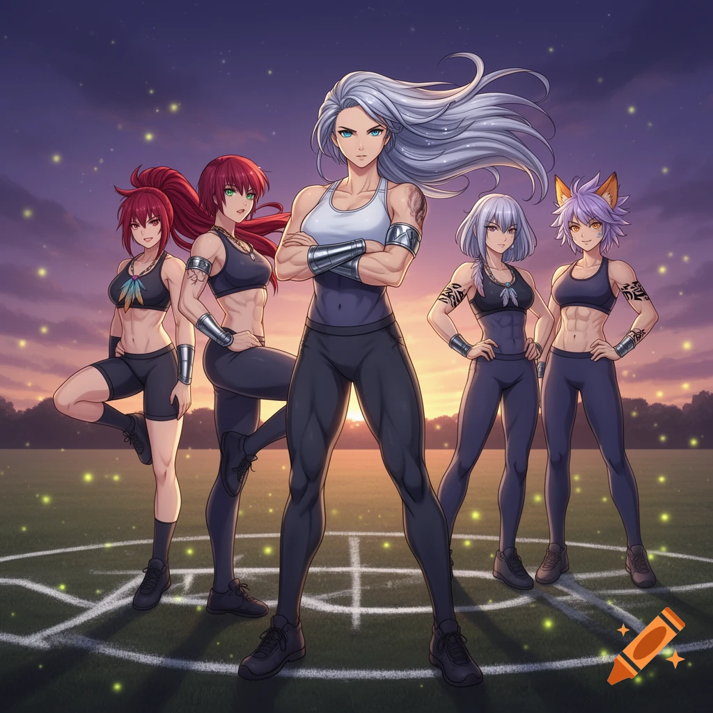 Five muscular anime women in athletic wear pose on a grassy field with a faint circular marking at sunset.