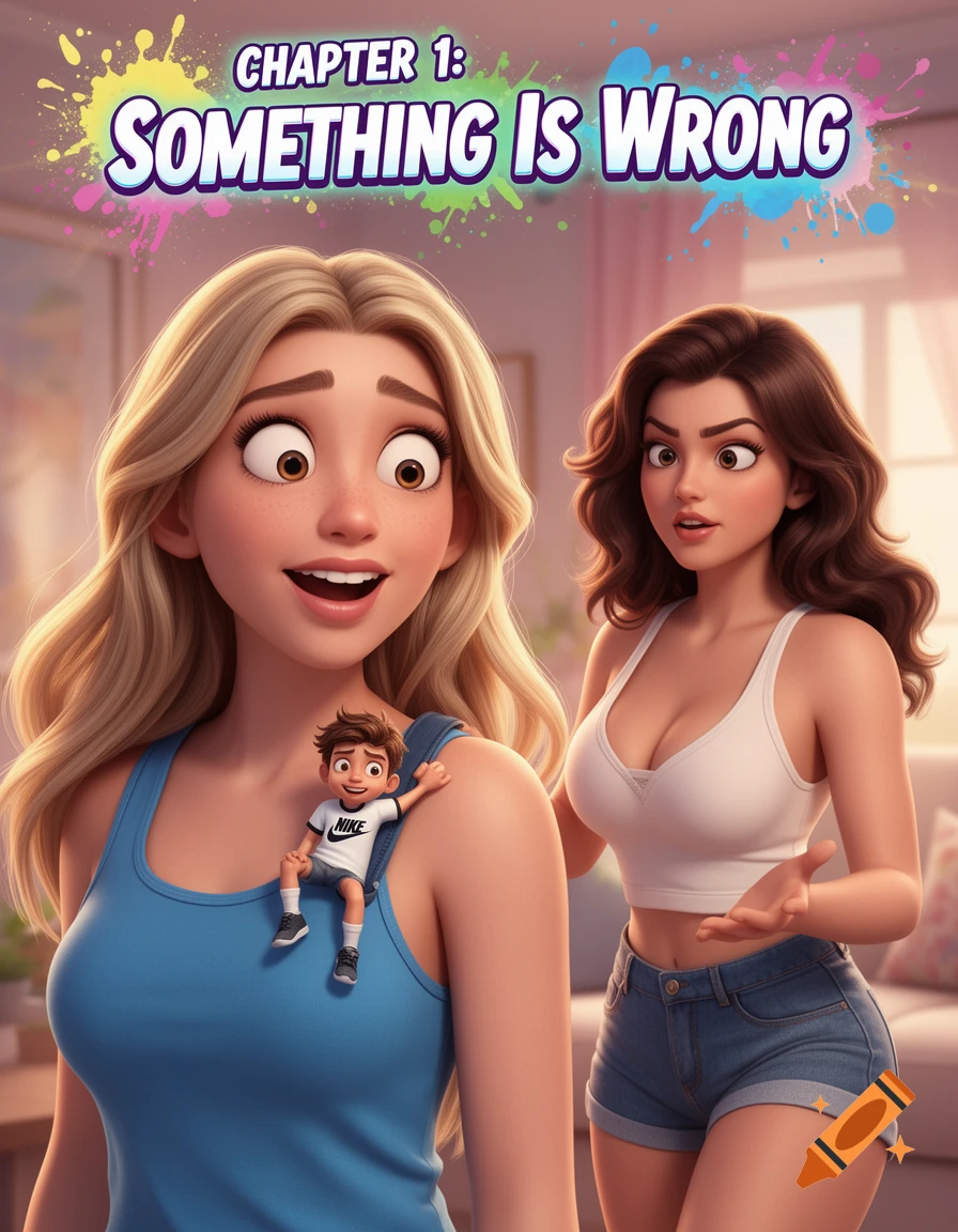 Two animated women look surprised, one with a tiny man on her shoulder. Text reads 'CHAPTER 1: SOMETHING IS WRONG'.