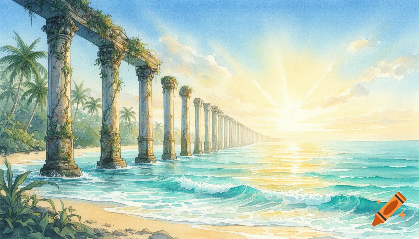 Watercolor painting of ancient stone columns stretching into a tropical ocean from a beach at sunrise.