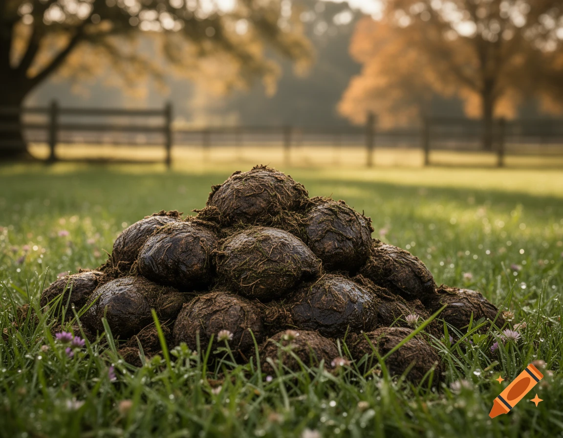 A close-up of a pile of horse feces on dewy green grass in a rural setting with blurred trees.