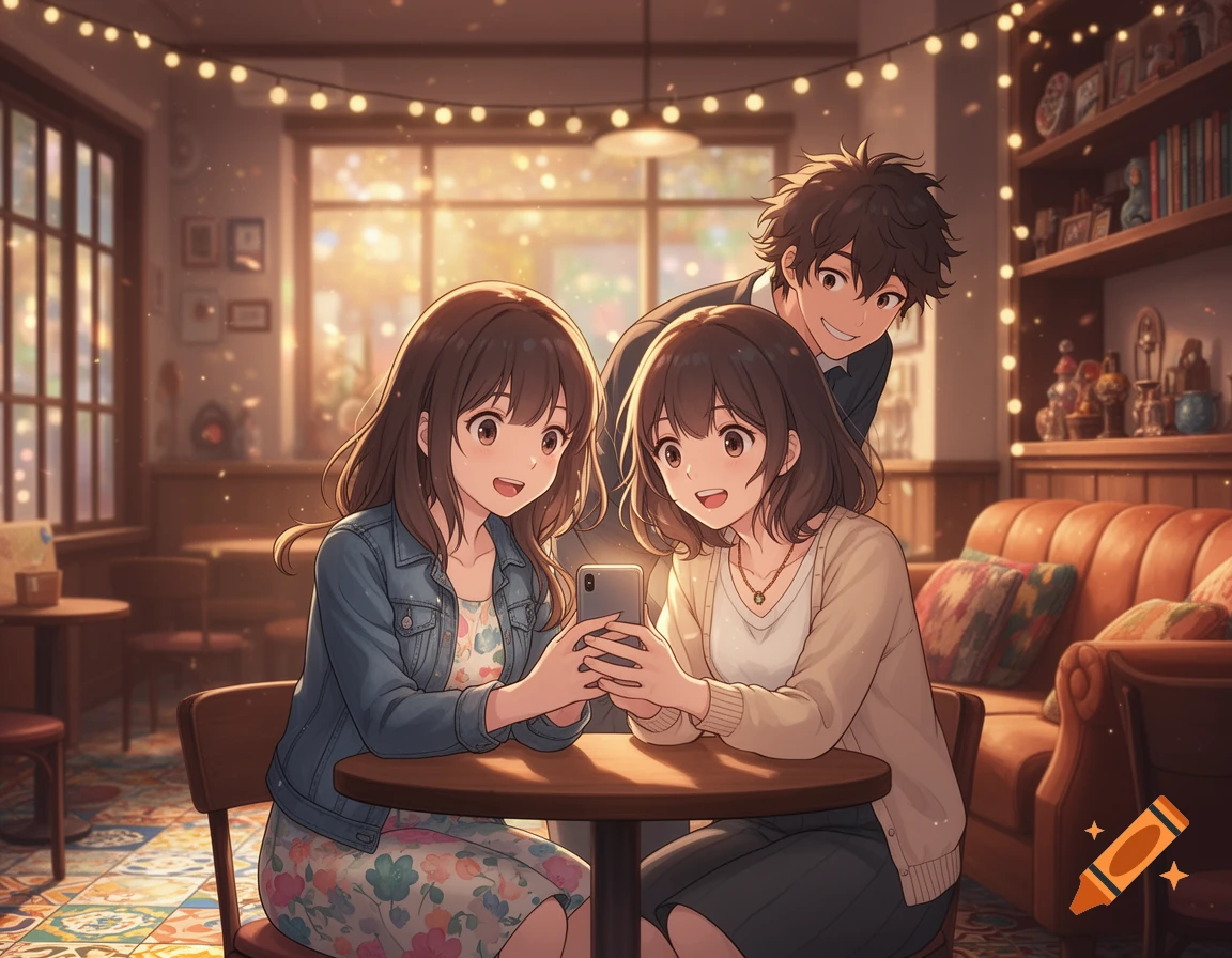 Two anime girls and a boy smile while looking at a smartphone in a cozy cafe with string lights.