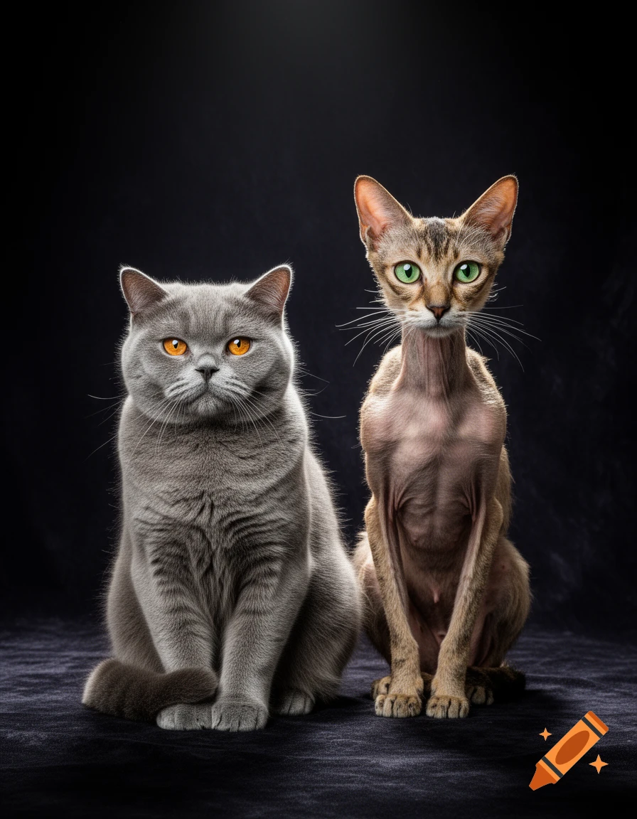 A grey British Shorthair cat with orange eyes and a scrawny, hairless cat with green eyes sit side-by-side against a black background.