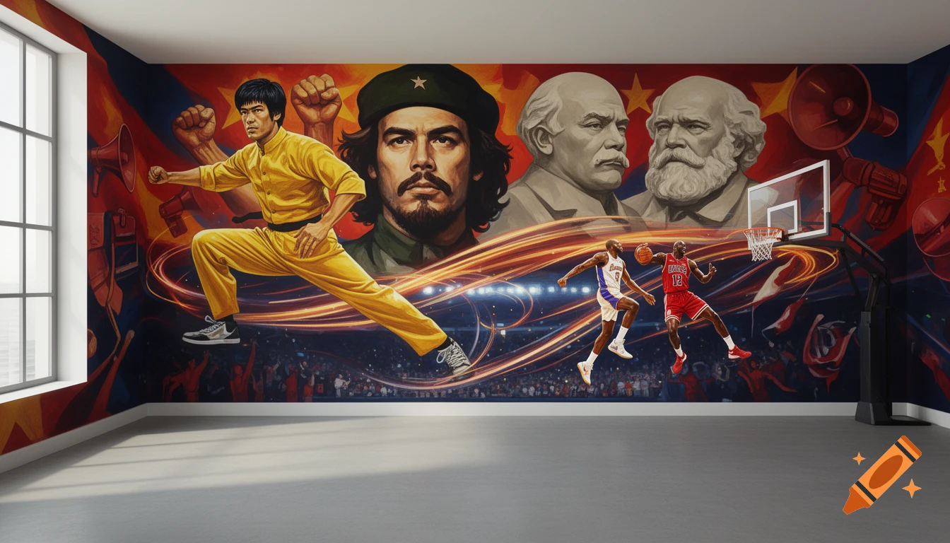 A vibrant room mural depicting Bruce Lee, Che Guevara, Lenin, and Karl Marx alongside two basketball players, with revolutionary symbols and dynamic light trails.