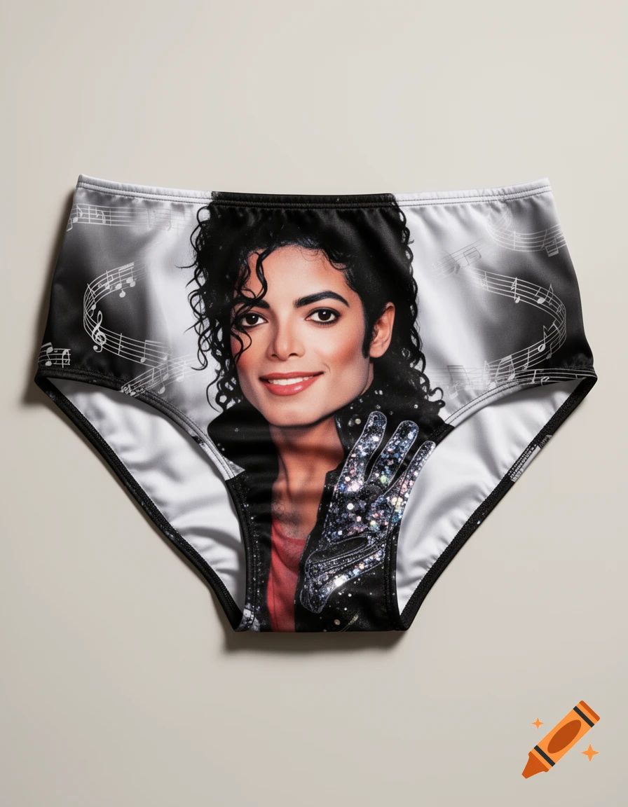 A pair of white and black women's panties featuring a portrait of Michael Jackson with a sparkling glove and musical notes.