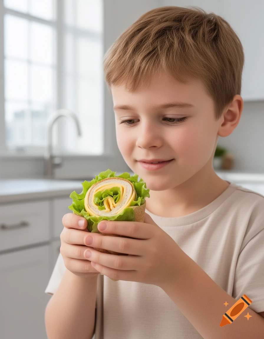 A young boy holds a food wrap filled with lettuce and cheese, looking down at it in a bright kitchen.