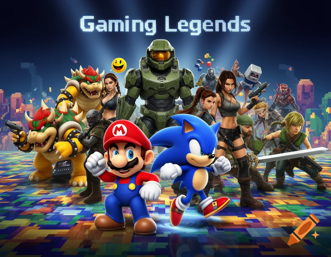 An ensemble of iconic video game characters including Mario, Sonic, Master Chief, Lara Croft, and Link, stand on a pixelated ground beneath the title "Gaming Legends".