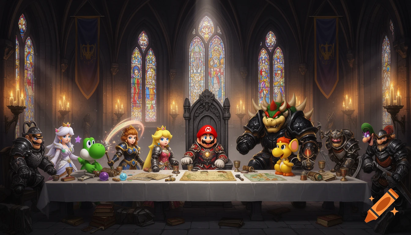 Super Mario characters in Warhammer-inspired armor reenact the Last Supper in a gothic cathedral, with Mario at the center.
