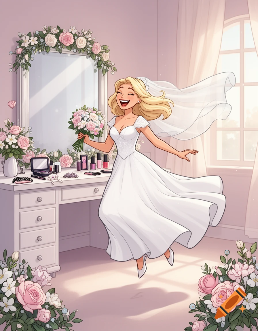 Happy blonde bride in a white wedding dress, holding a bouquet, jumping for joy in a bright bridal suite with flowers. Cartoon style.