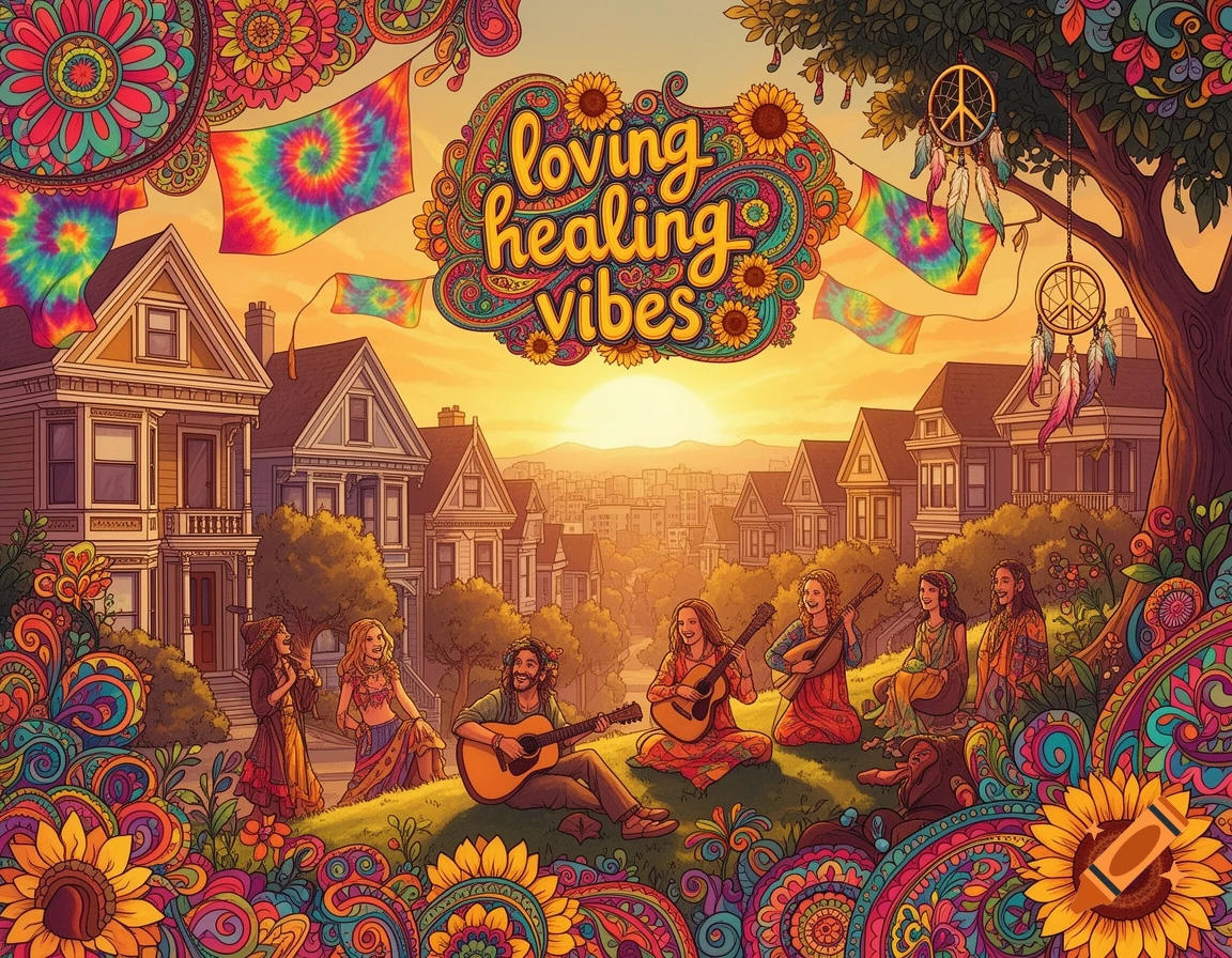 Vibrant psychedelic illustration of hippies playing music on a hill with 'loving healing vibes' text, surrounded by colorful patterns and houses at sunset.