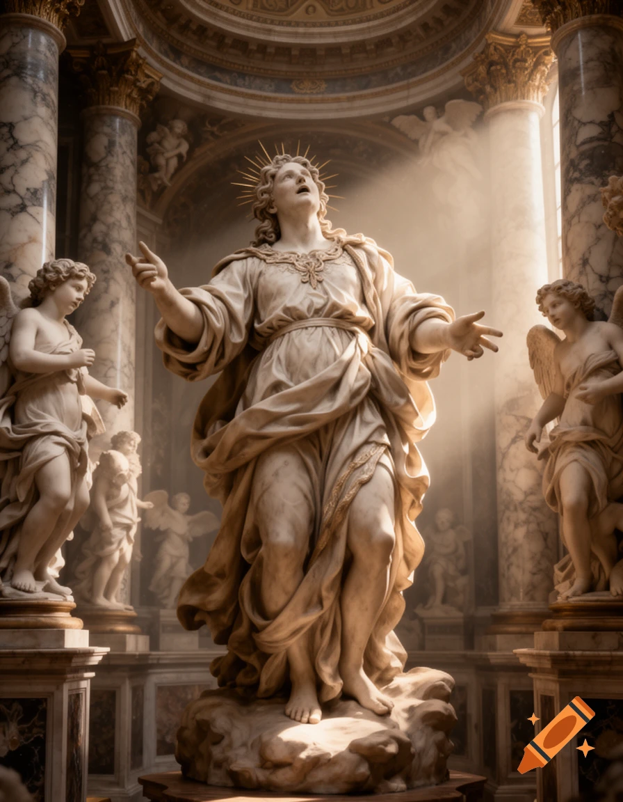 An ornate marble sculpture resembling St. Theresa in ecstasy, within a grand baroque chapel, bathed in light among other angelic statues.