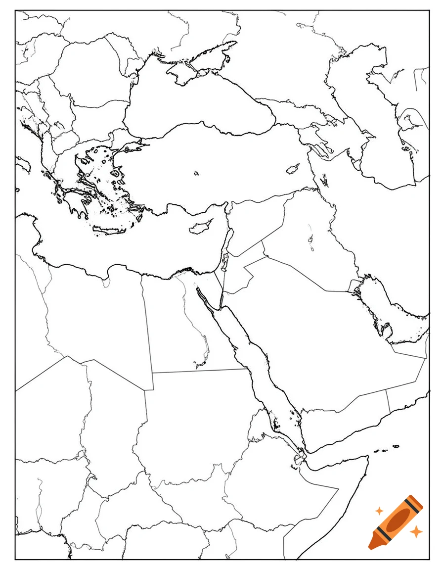 Black-and-white outline map of the Middle East after World War I, showing coastlines and political boundaries.