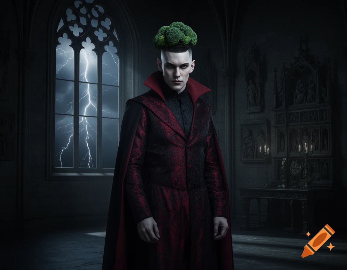 A serious vampire-like man in a red and black coat with a green broccoli haircut stands in a gothic castle as lightning strikes outside the window.
