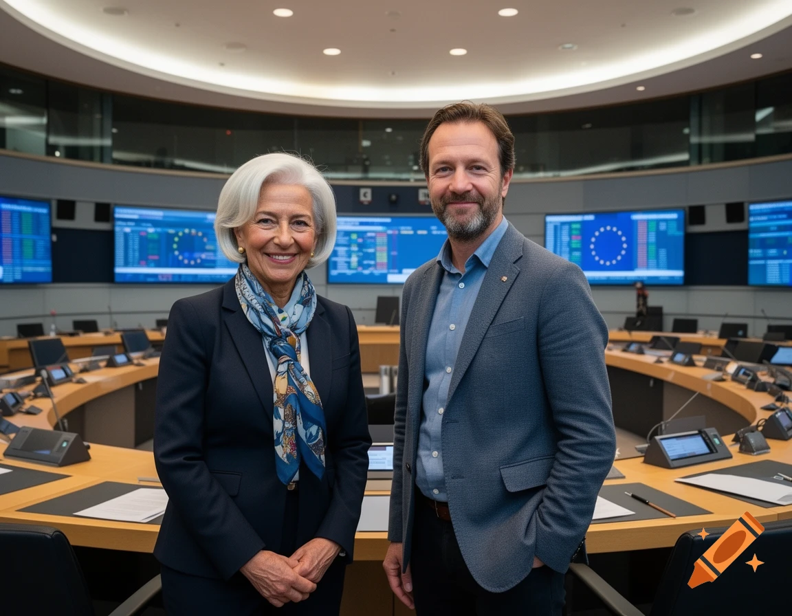 Christine Lagarde and Niels Busch stand smiling in a modern, high-tech council room with multiple display screens.