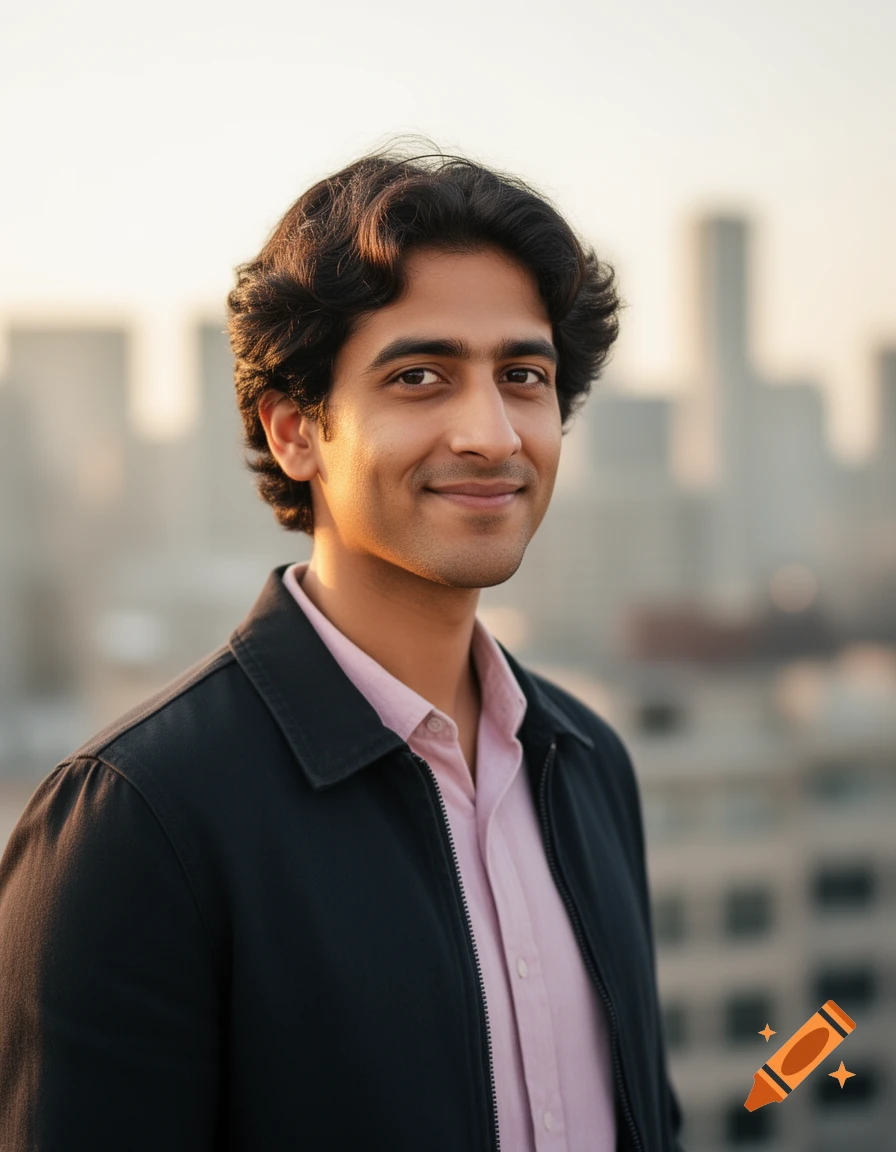 A smiling man with dark curly hair and a pink shirt under a black jacket stands against a blurred city skyline at sunset.