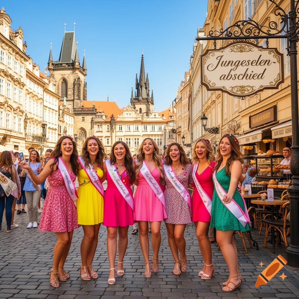 A group of six smiling women in colorful dresses and sashes pose on a cobblestone street in a European city, with a prominent sign reading "Jungesellen-abschied" and old buildings in the background. Photorealistic style.