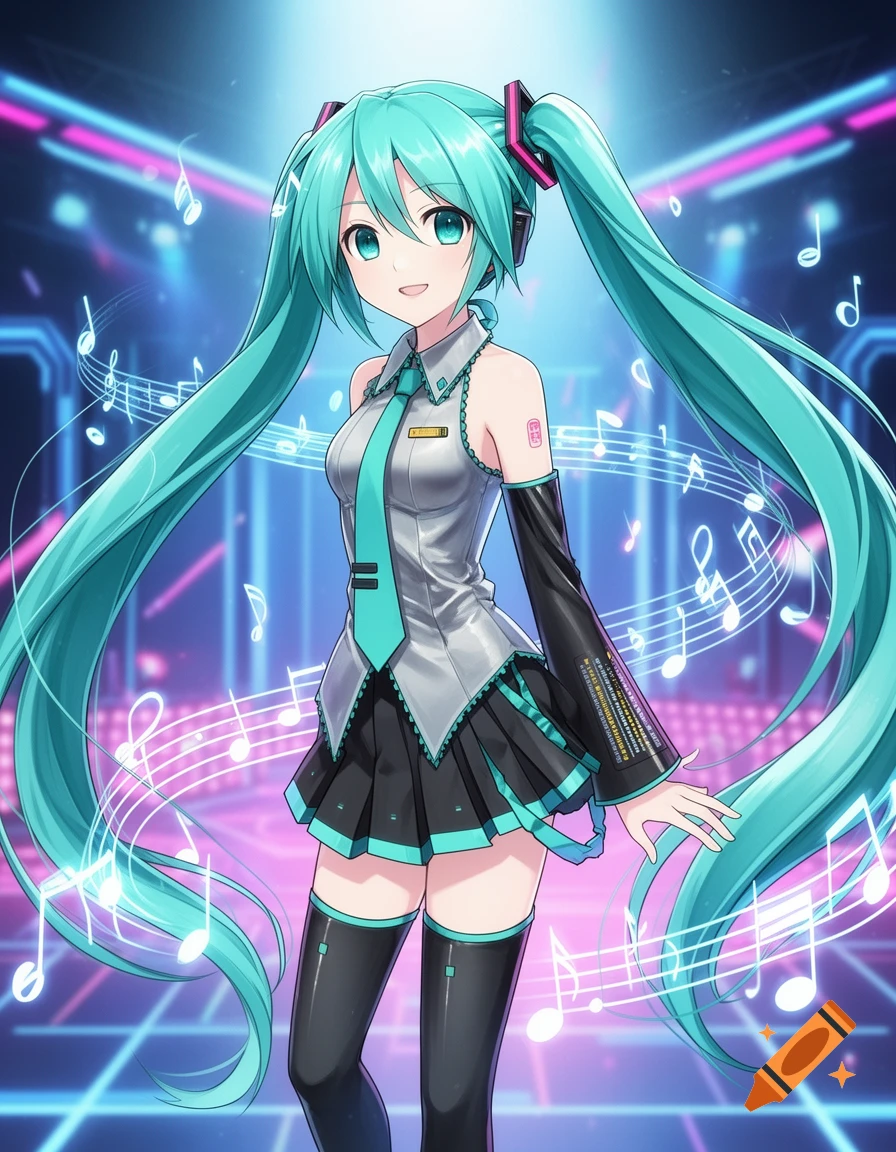 Hatsune Miku, an anime girl with long turquoise pigtails, smiles while wearing her signature grey, black, and turquoise idol outfit amidst glowing musical notes and neon lights.