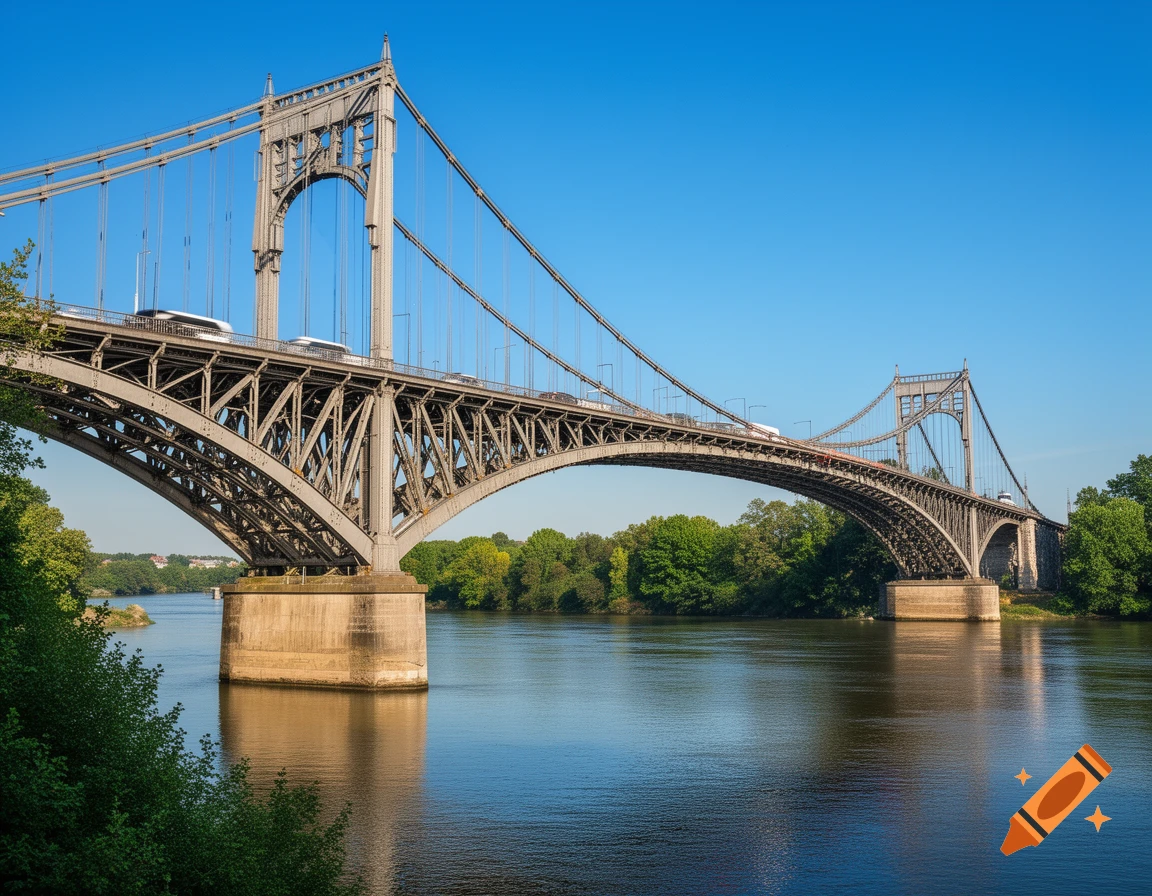 A long metal arch bridge with suspension cables spans a wide river, with trees on both banks under a clear blue sky.