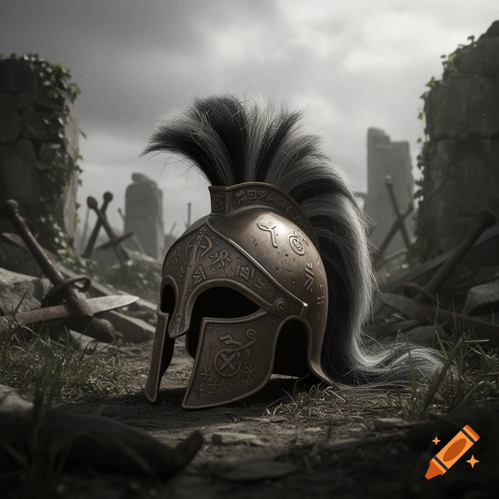 A bronze ancient battle helmet with a black and gray plume lies on the ground amidst scattered swords and ruins under a cloudy sky, in a photorealistic style.