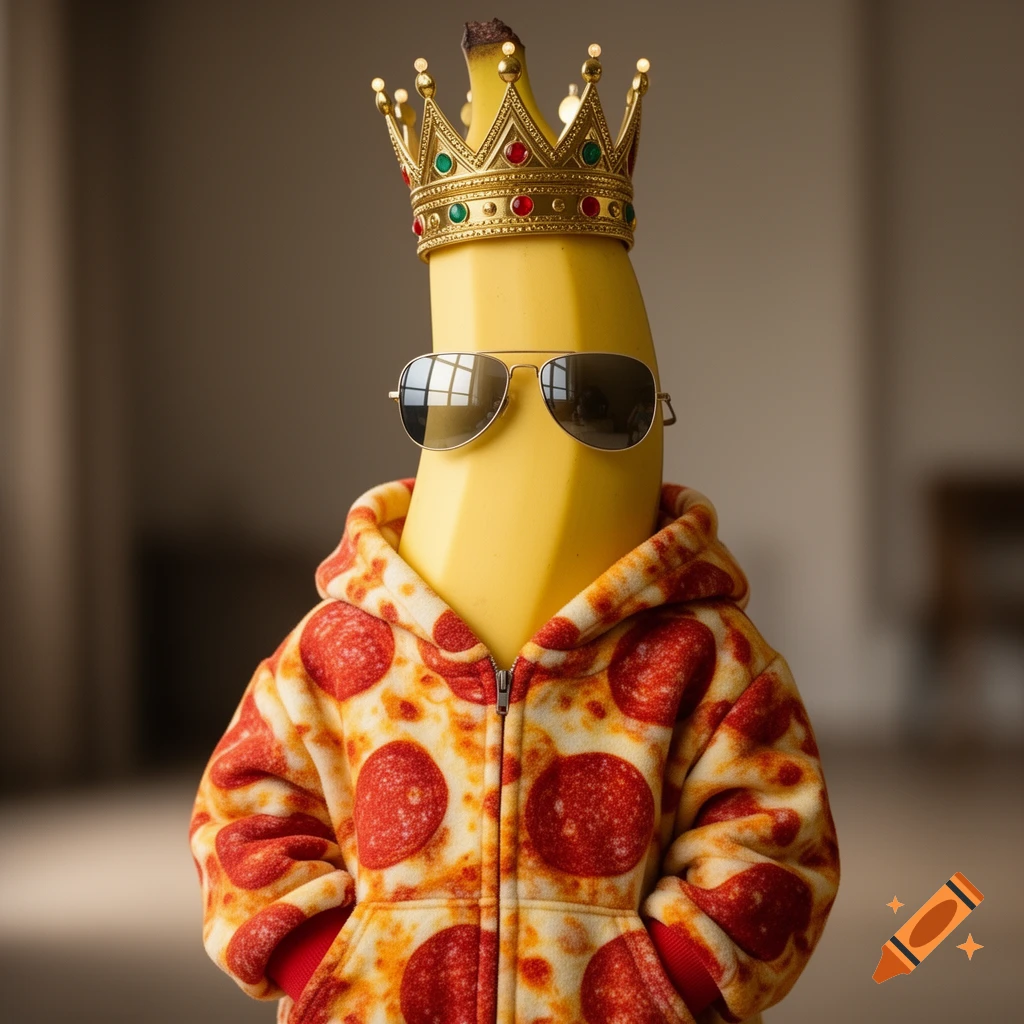 A photorealistic banana character wearing a gold crown, aviator sunglasses, and a pepperoni pizza patterned hoodie.