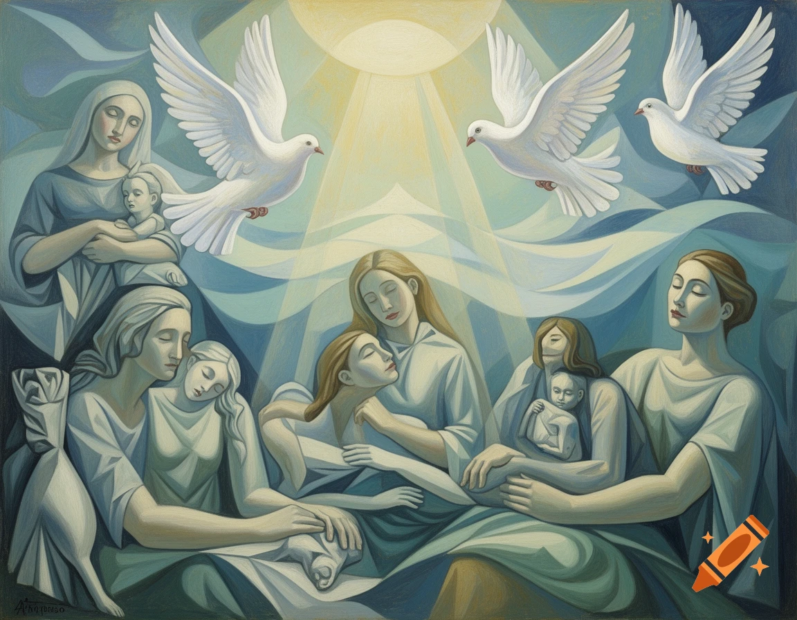 A cubist-style painting of women and babies surrounded by doves, bathed in divine light. The figures are serene and peaceful.