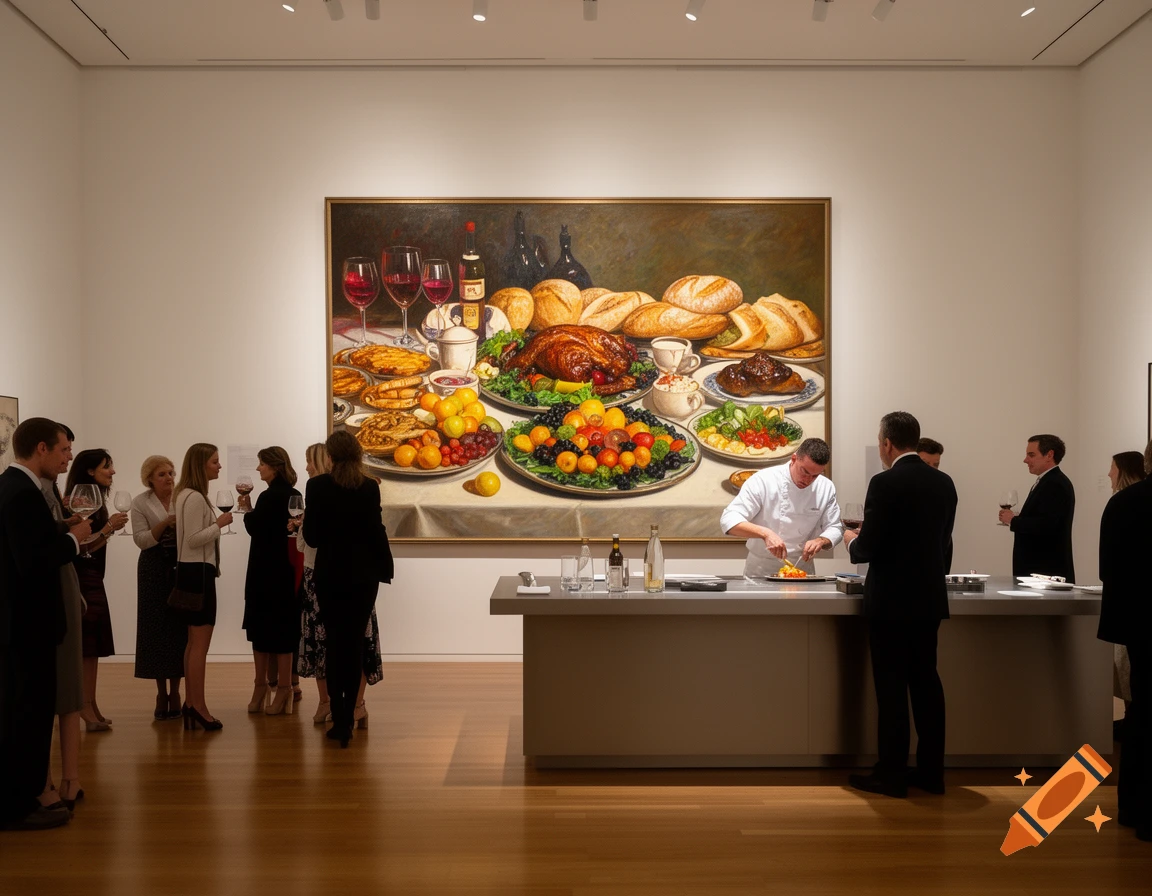 People at an art gallery viewing a large still-life painting of a feast, with a chef preparing food.