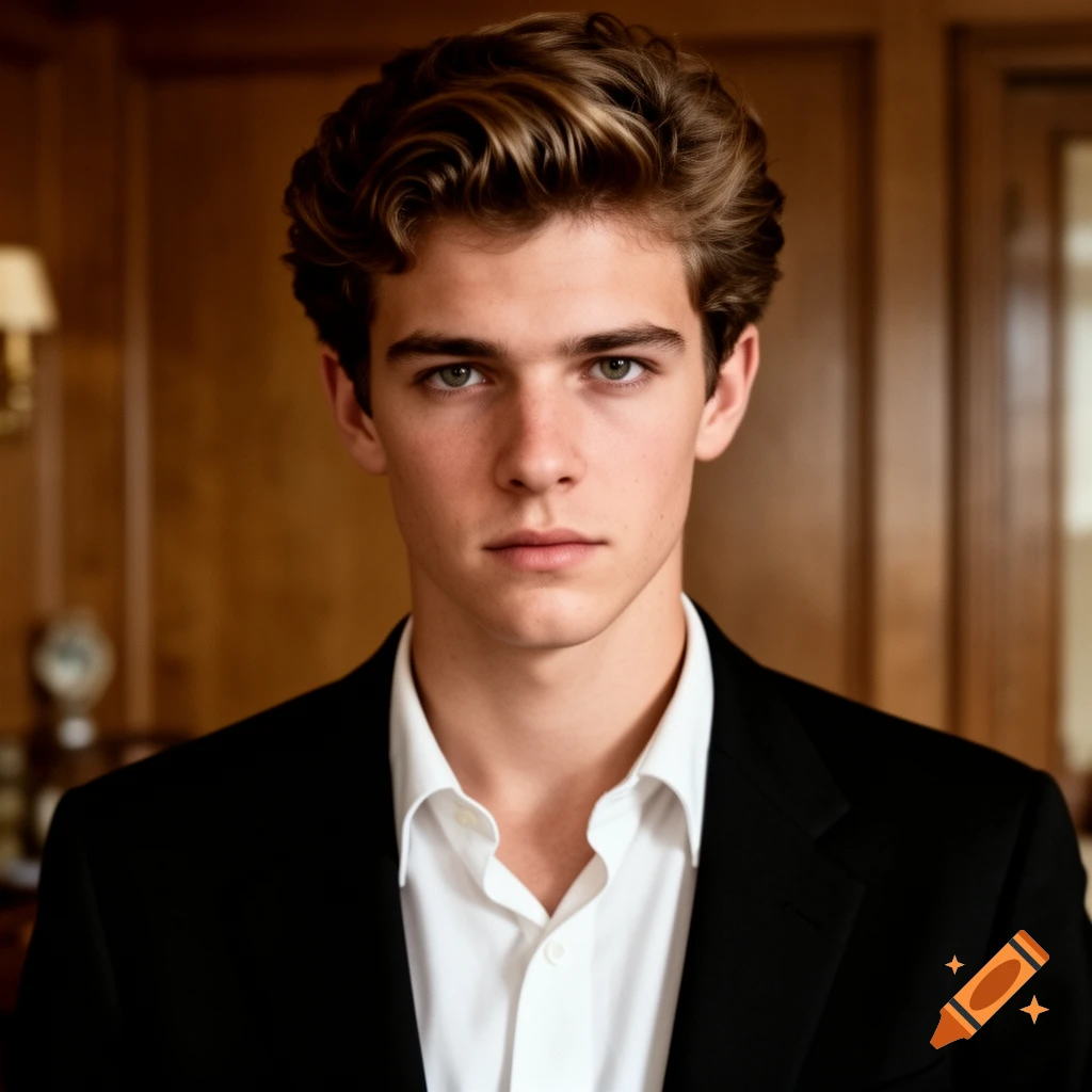 A young man with wavy brown hair and green eyes wears a black suit jacket and white shirt, looking forward.