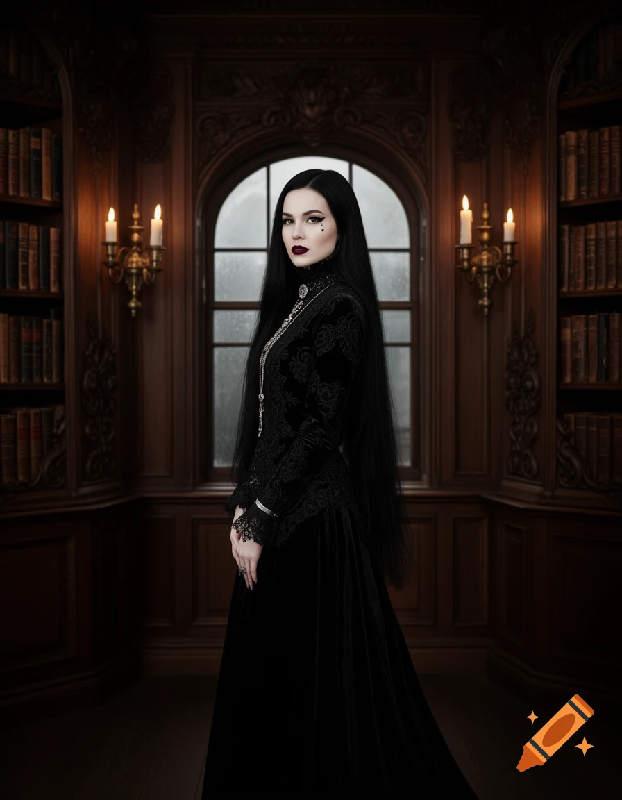 Photorealistic portrait of a gothic woman with long black hair and a black velvet dress, standing in an ornate, dim library.