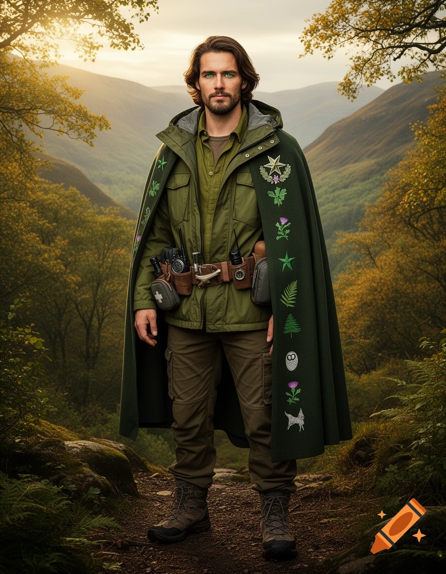 A man with green eyes and a beard, wearing a green jacket and a dark green cape with embroidered nature symbols, stands on a forest path with mountains in the background.