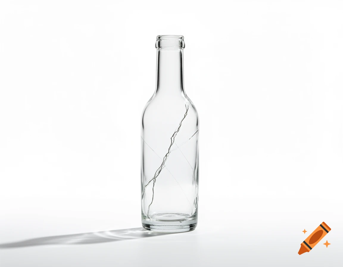 A transparent glass bottle with a vertical crack, casting a shadow on a white background.