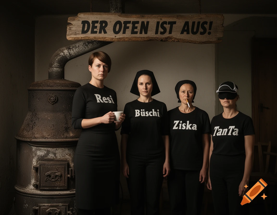Four women in black shirts with names stand beside a rusty stove, beneath a wooden sign reading 'DER OFEN IST AUS!'.