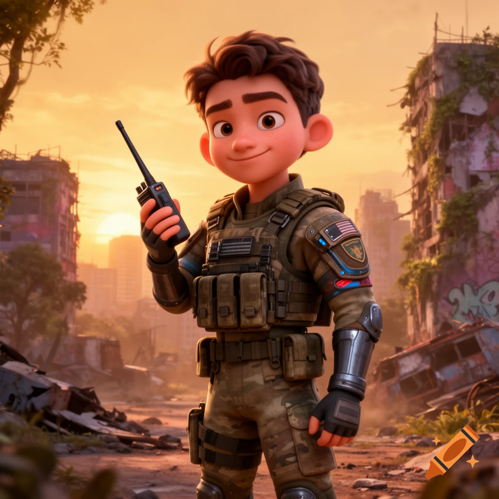 A smiling 3D cartoon boy in tactical military gear holds a walkie-talkie in a post-apocalyptic city at sunset, Pixar style.