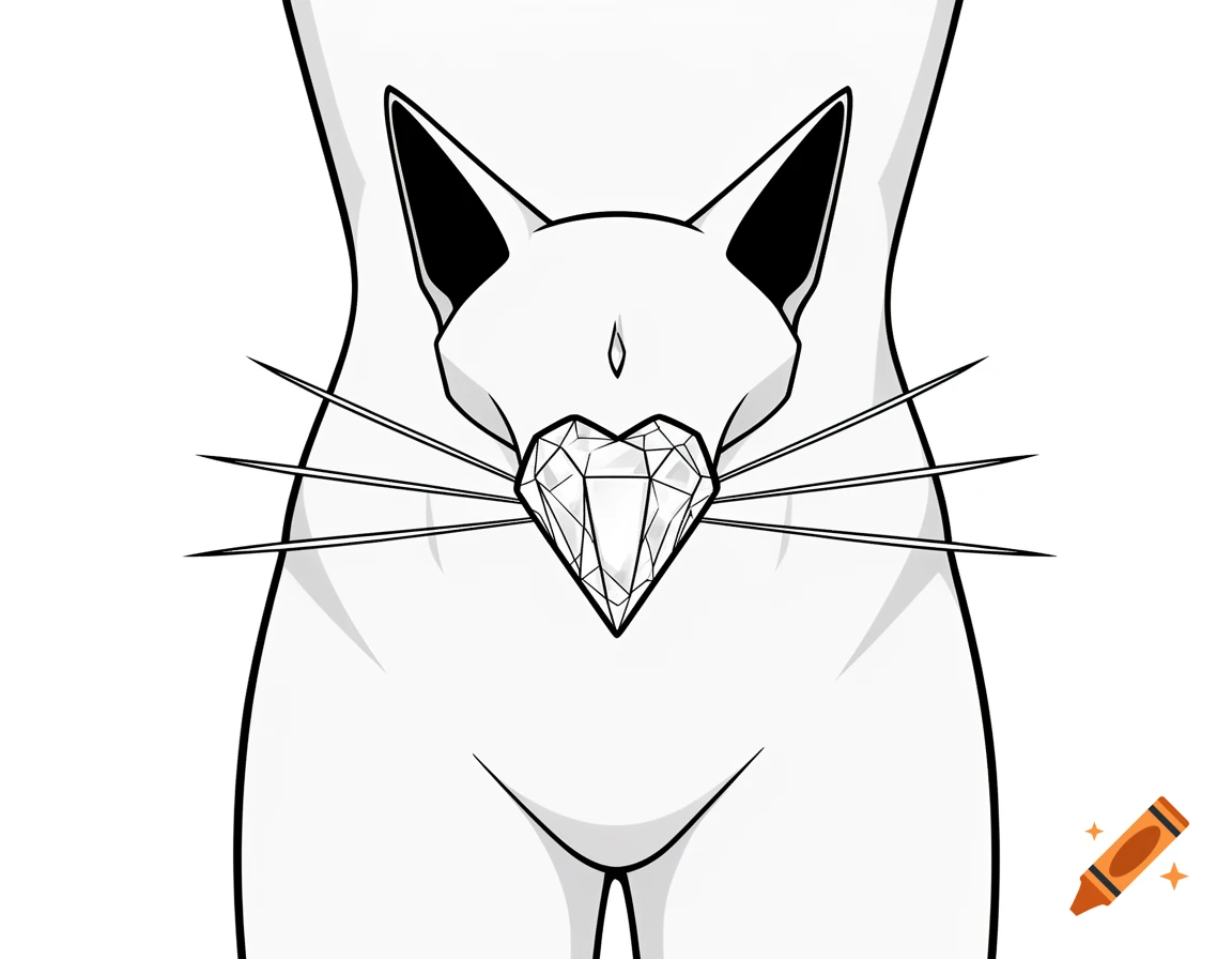 A minimalist, high-contrast black and white tattoo design of a cat-like head with a crystal heart nose and geometric whiskers on a torso.