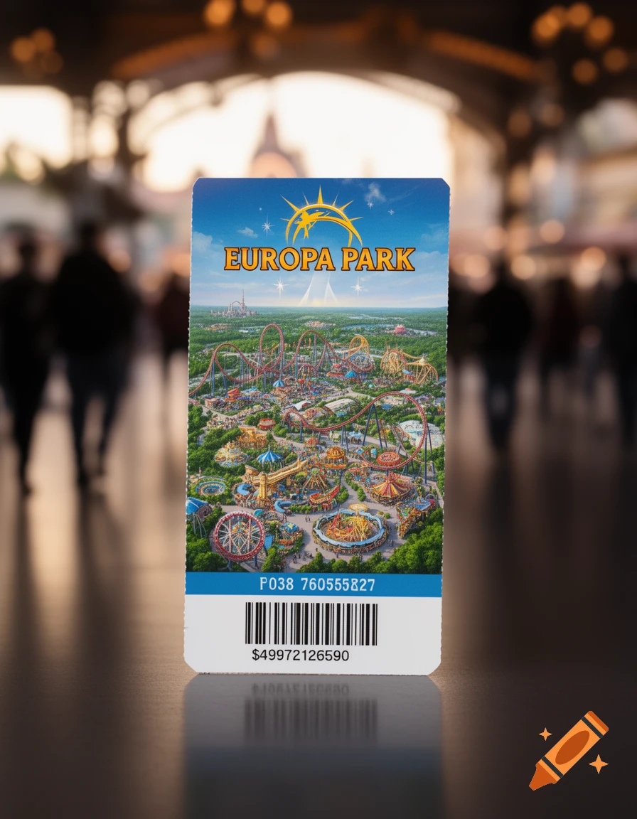 Photorealistic Europa Park admission ticket with a theme park aerial view, barcode, and numbers, against a blurred public background.