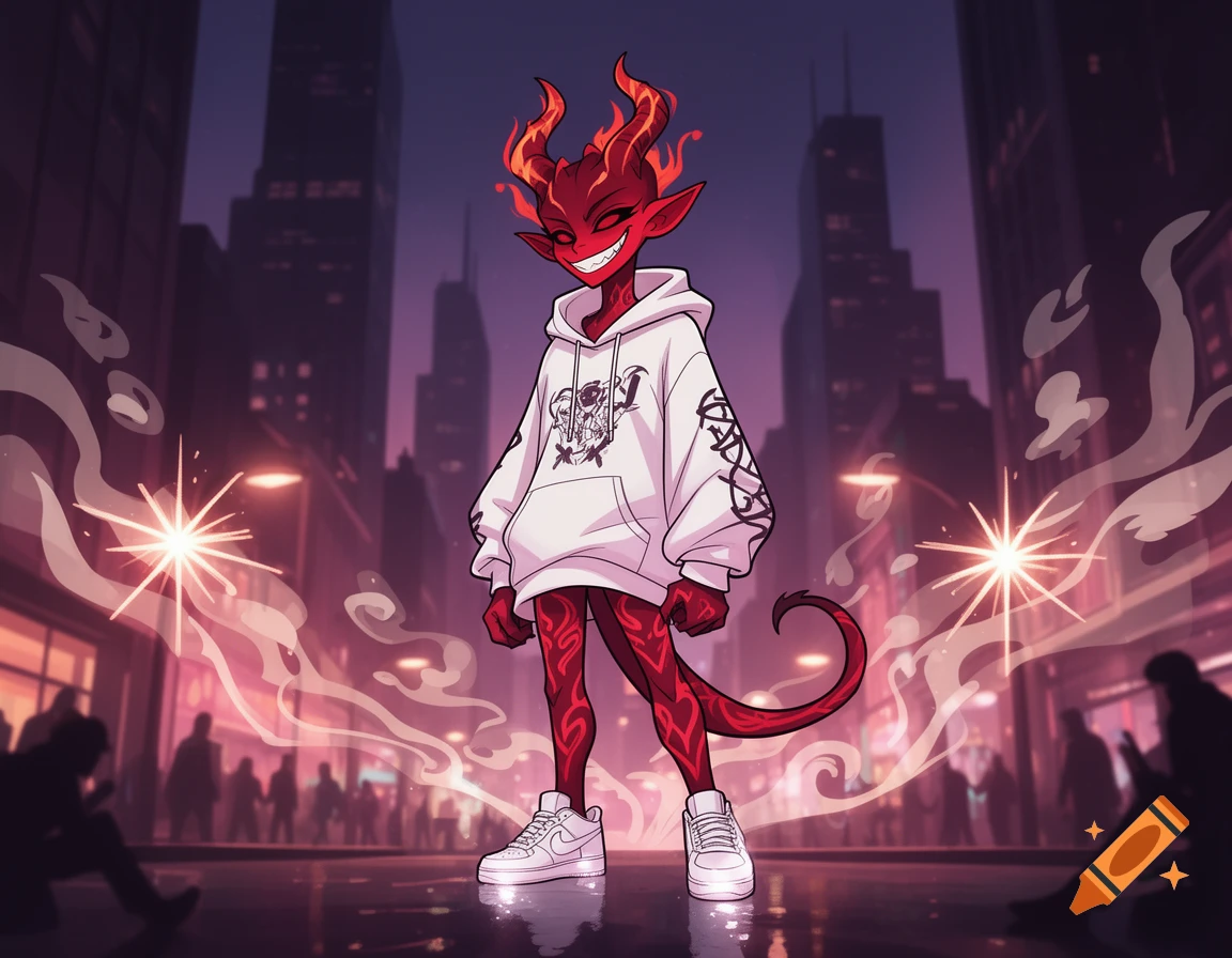 A red-skinned, horned demon in a white streetwear hoodie and sneakers stands in a vibrant city street at night, in a cartoon style.