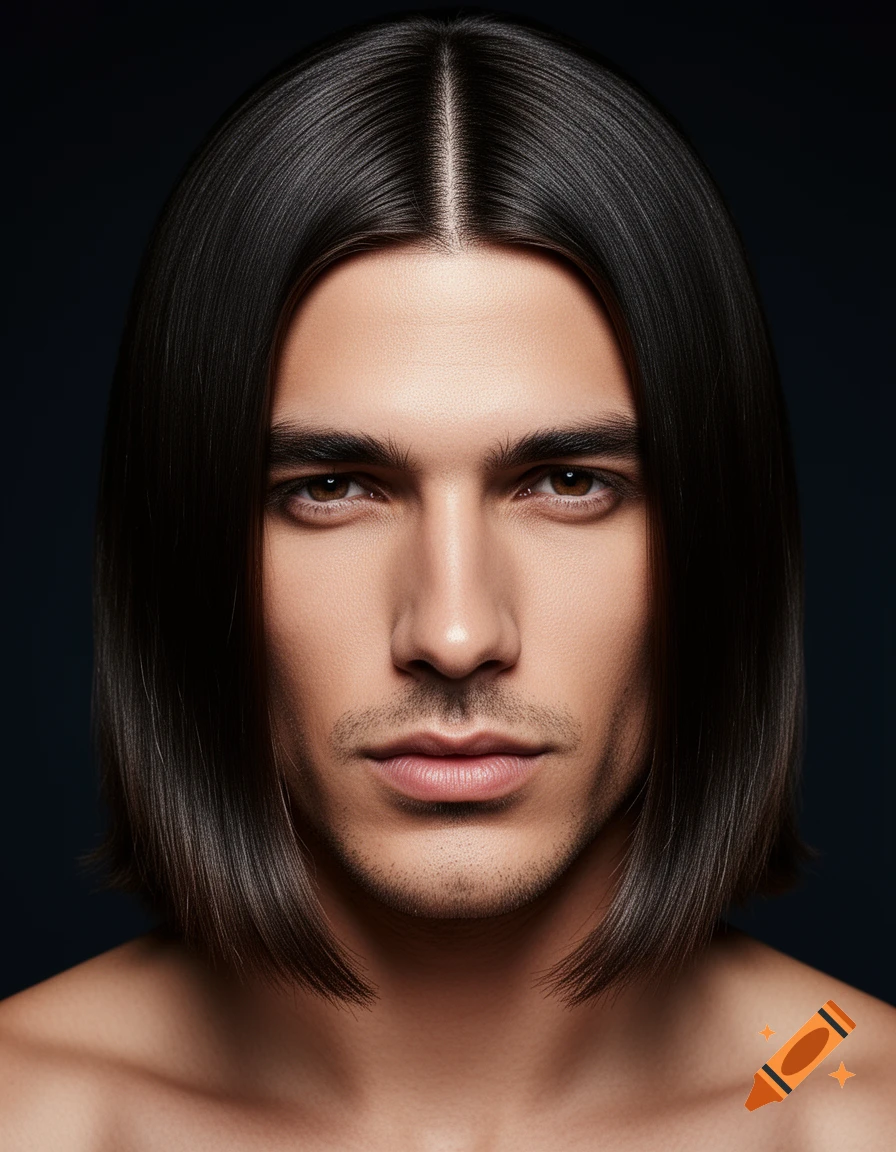 Photorealistic close-up portrait of a man with long, straight, dark hair parted in the middle, looking directly at the camera.